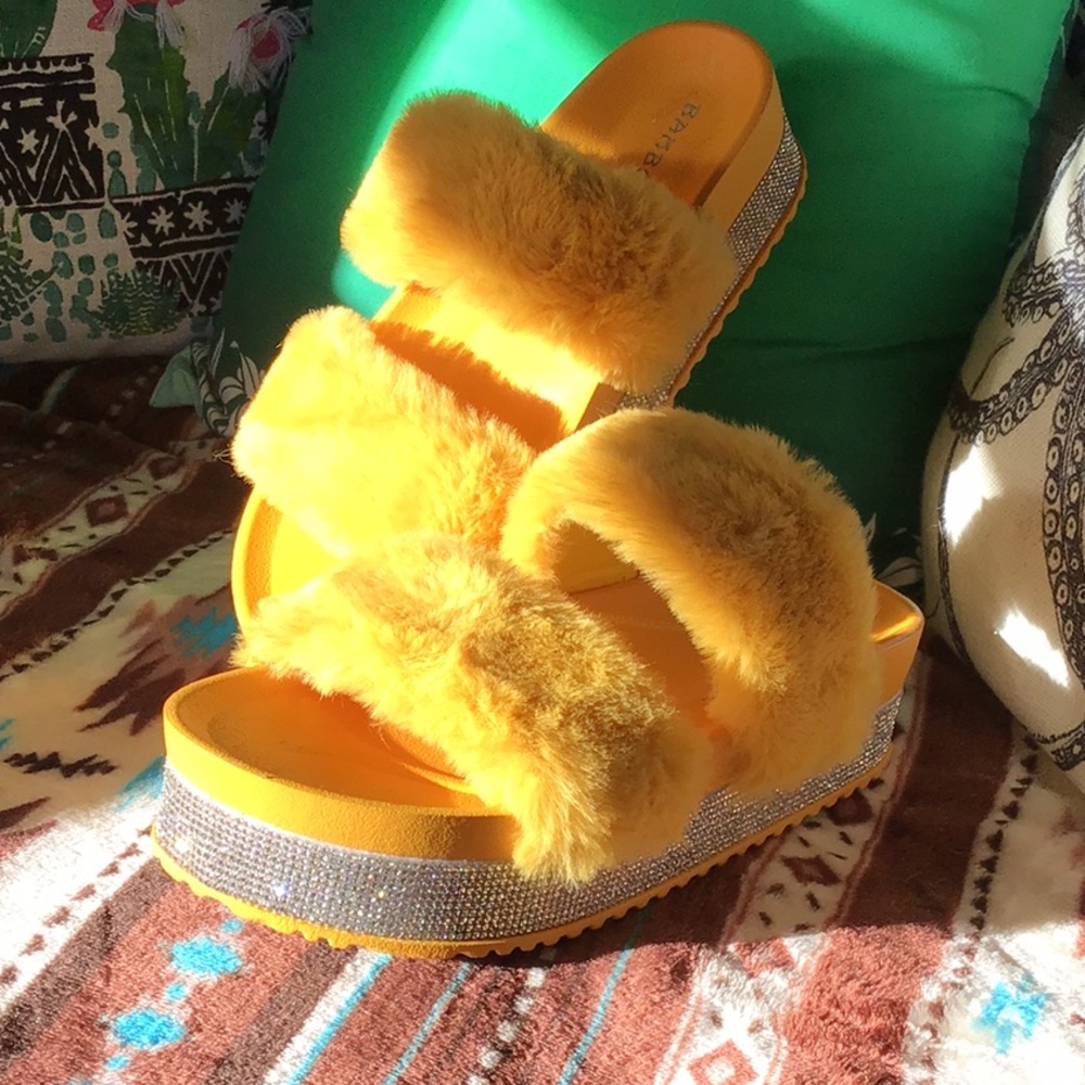 Bright Yellow Fur & Rhinestone Sandals
